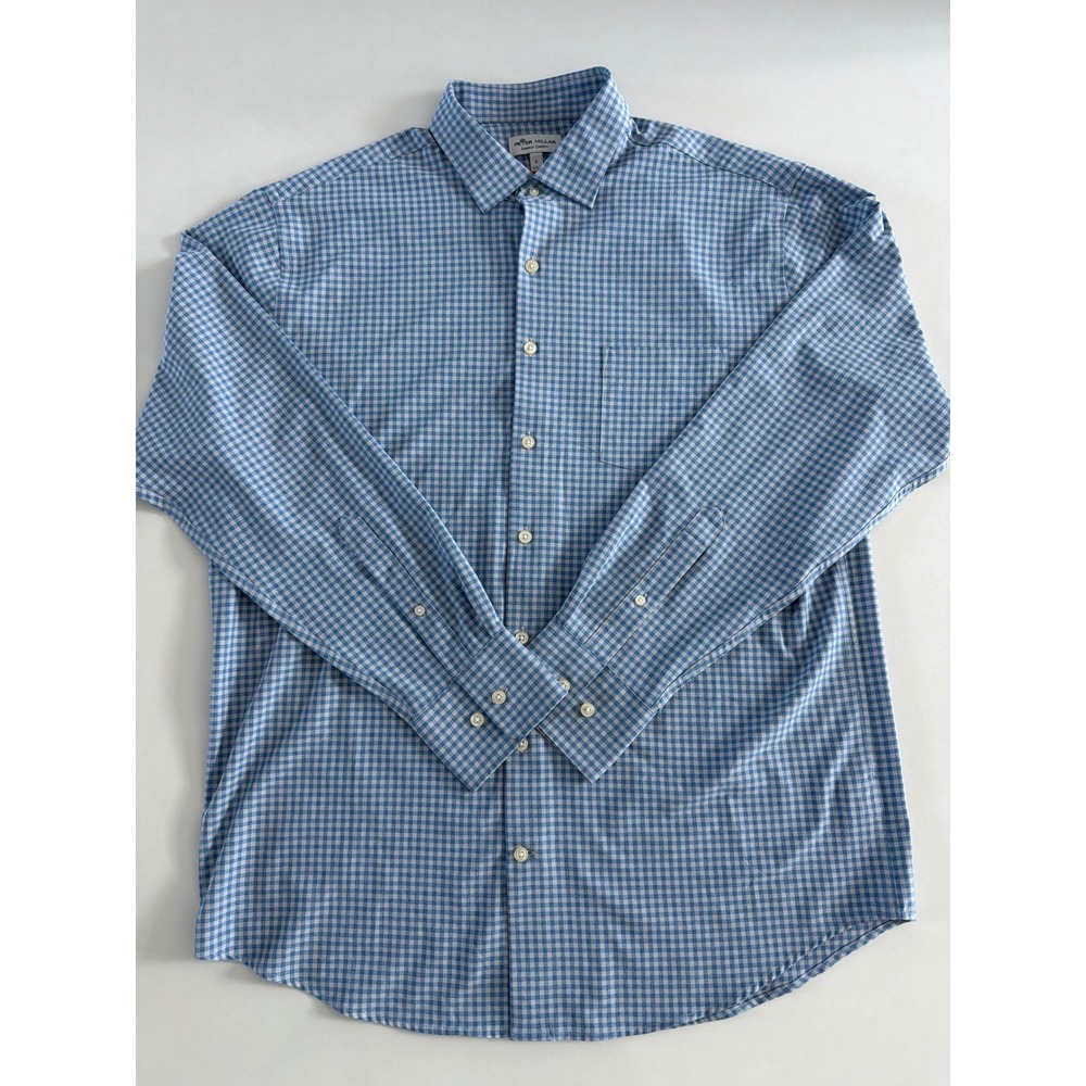 Peter Millar Summer Comfort Blue Gingham Button Down Shirt Mens Large L